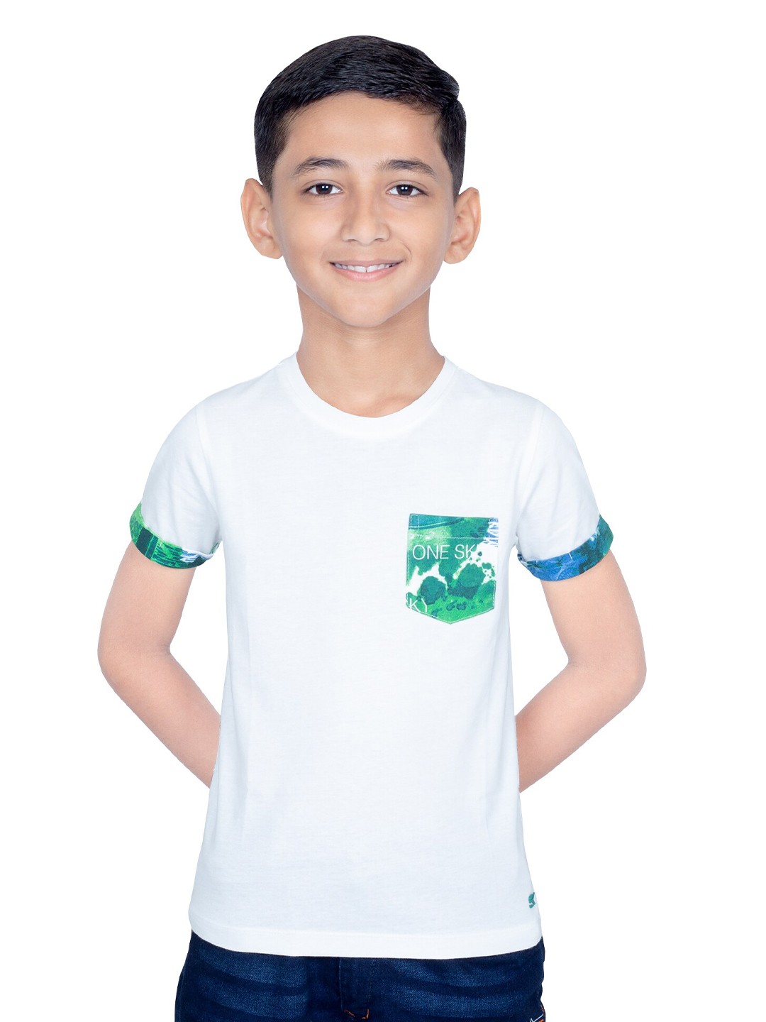 

ONE SKY Boys Graphic Printed Round Neck Casual T-shirt, White