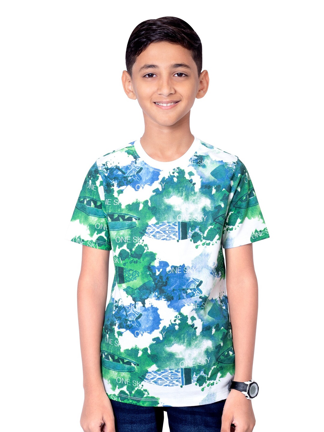 

ONE SKY Boys Graphic Printed Round Neck Casual T-shirt, White