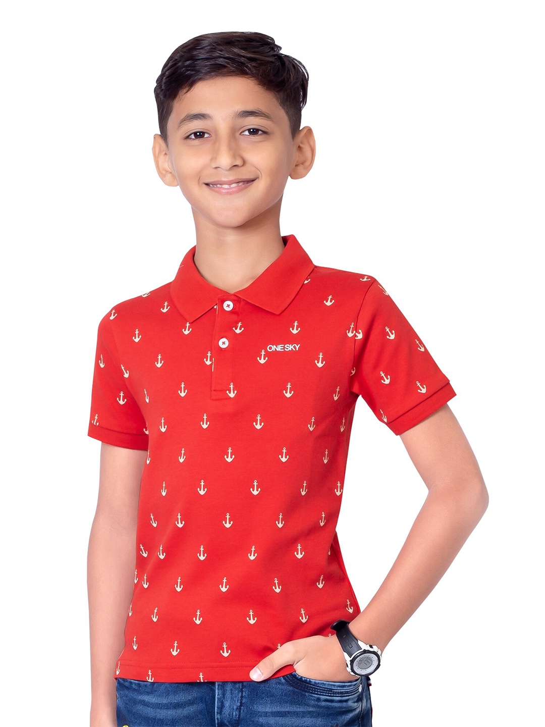 

ONE SKY Boys Conversational Printed Polo Collar Pure Cotton T-shirt, Red