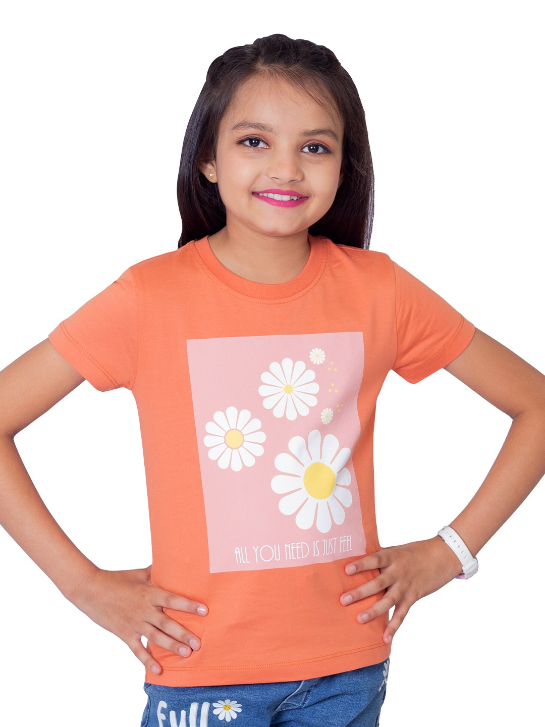 

ONE SKY Girls Floral Printed Round Neck Cotton Casual T-shirt, Orange