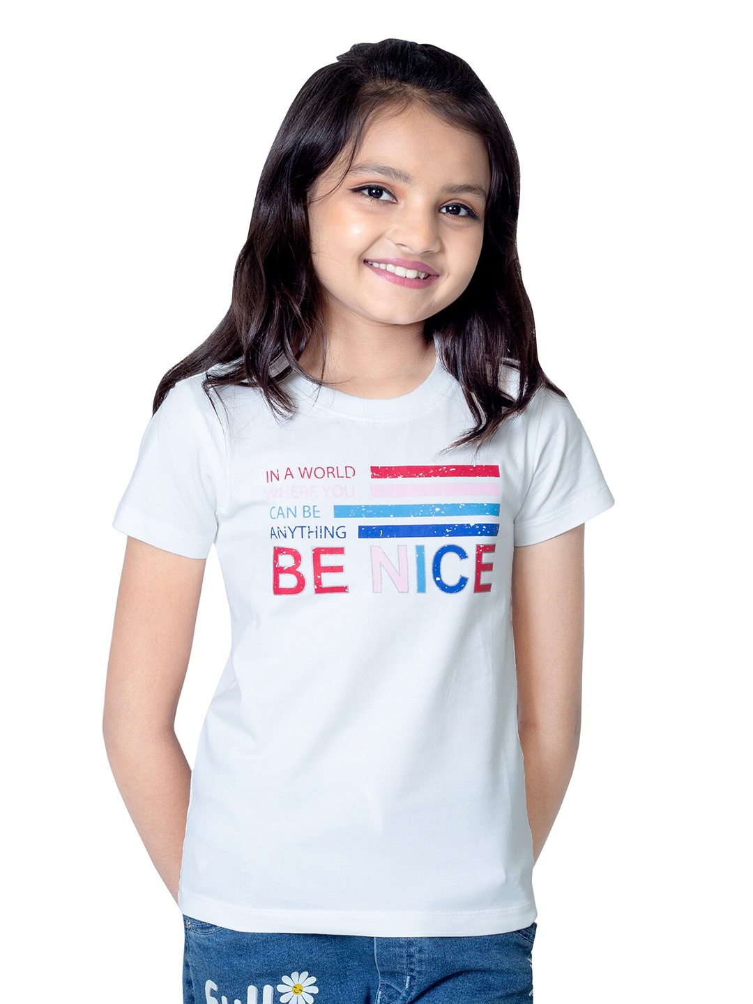 ONE SKY Girls Typography Printed Short Sleeves Cotton T-shirt, White