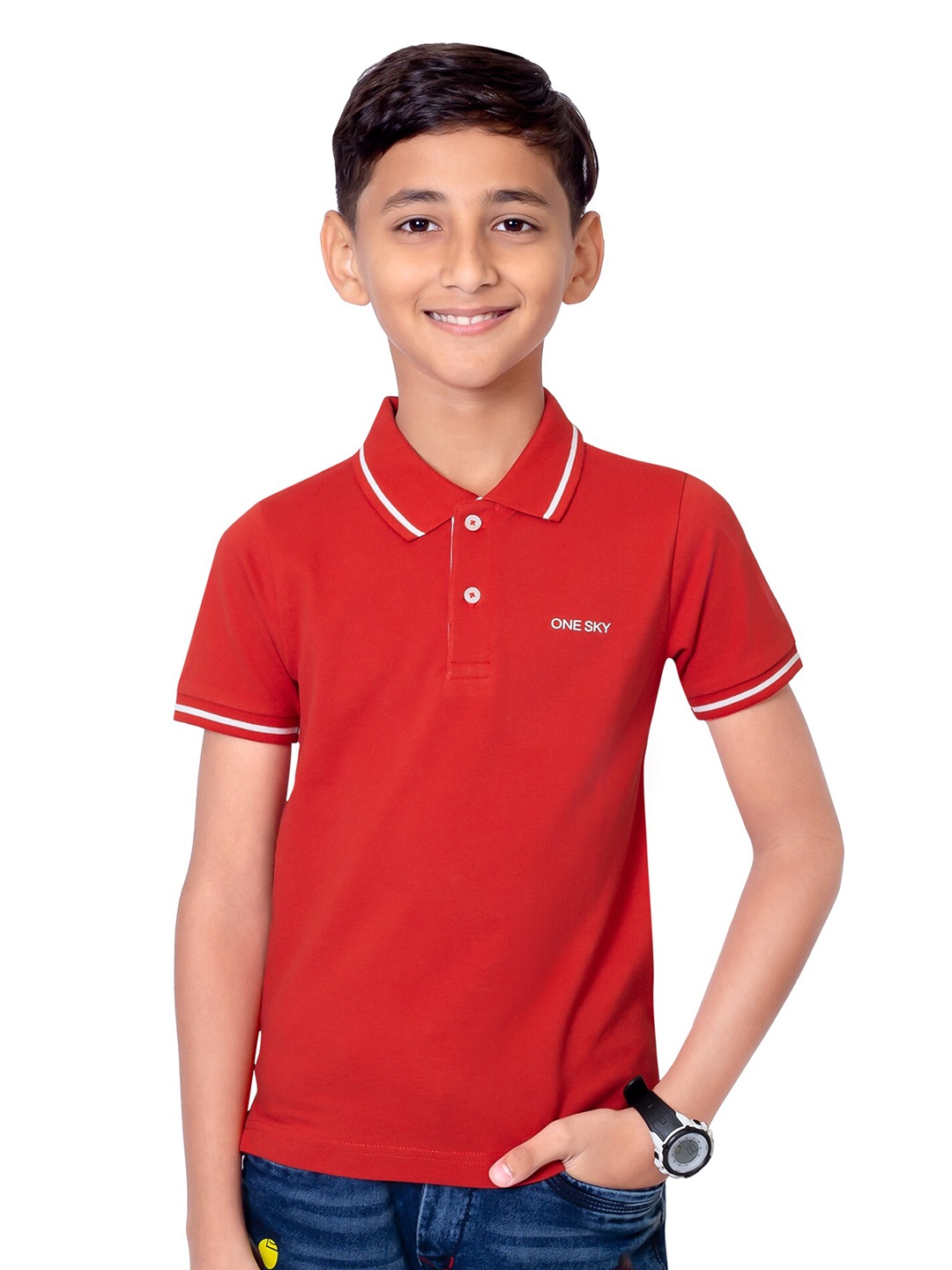 

ONE SKY Boys Polo Collar Cotton T-shirt, Red