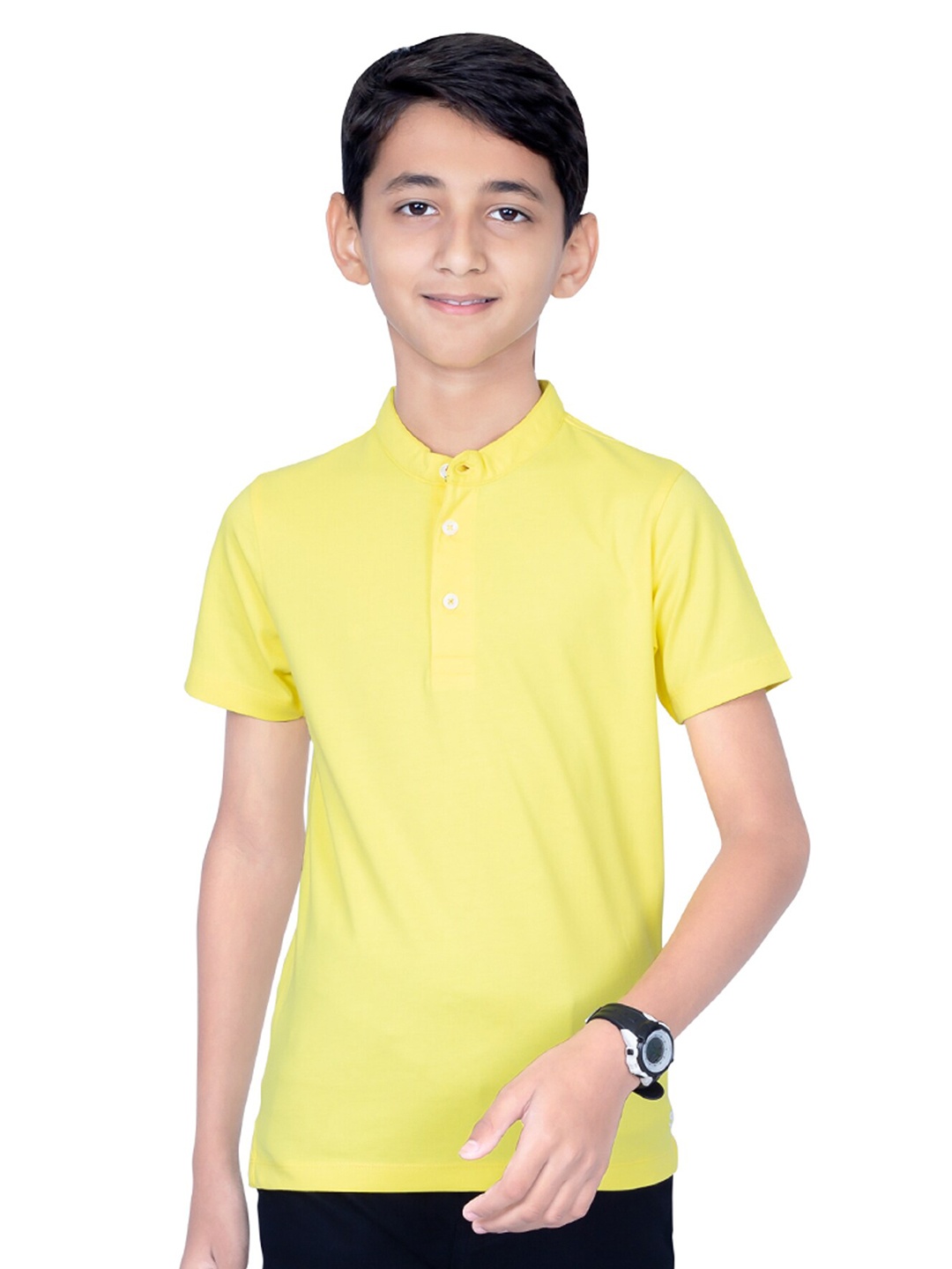 

ONE SKY Boys Mandarin Collar Raw Edge T-shirt, Yellow