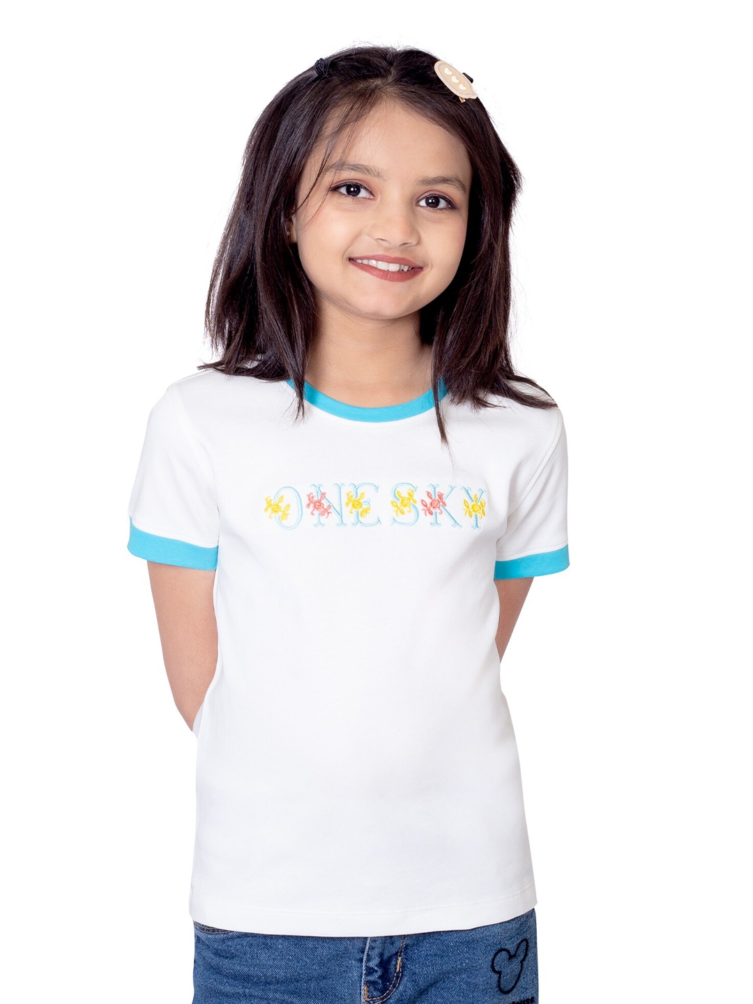 

ONE SKY Girls Typography Printed Round Neck Cotton Casual T-shirt, White