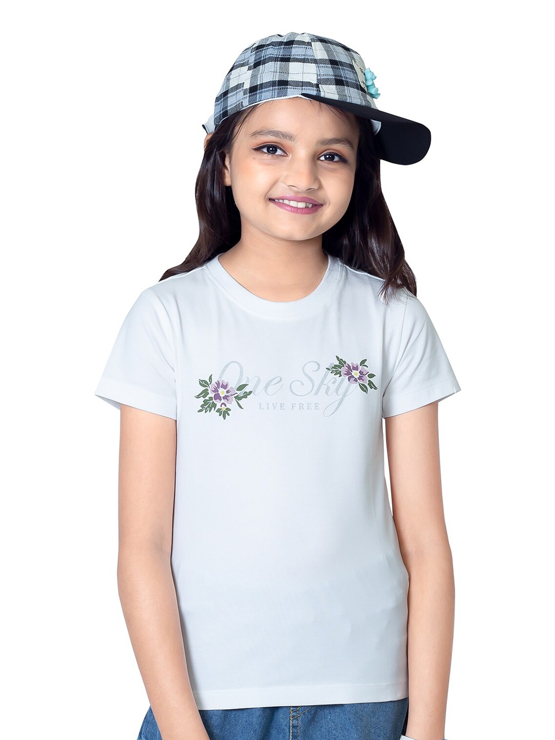 

ONE SKY Girls Round Neck Short Sleeves Cotton T-shirt, White