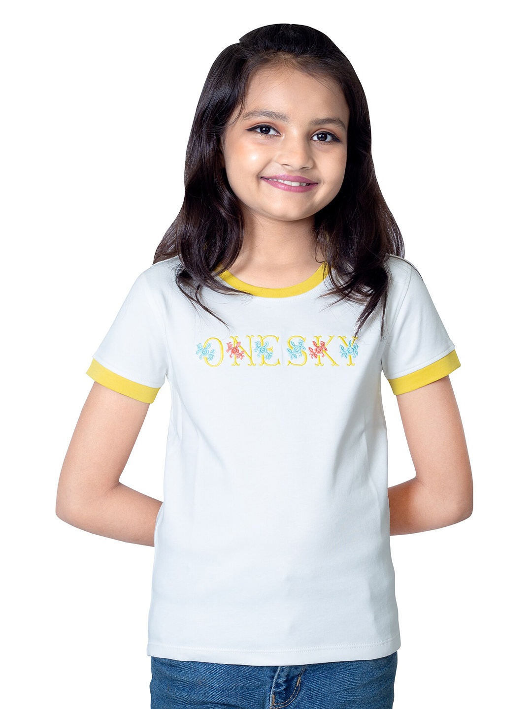 

ONE SKY Girls Typography Printed Round Neck Cotton Casual T-shirt, White