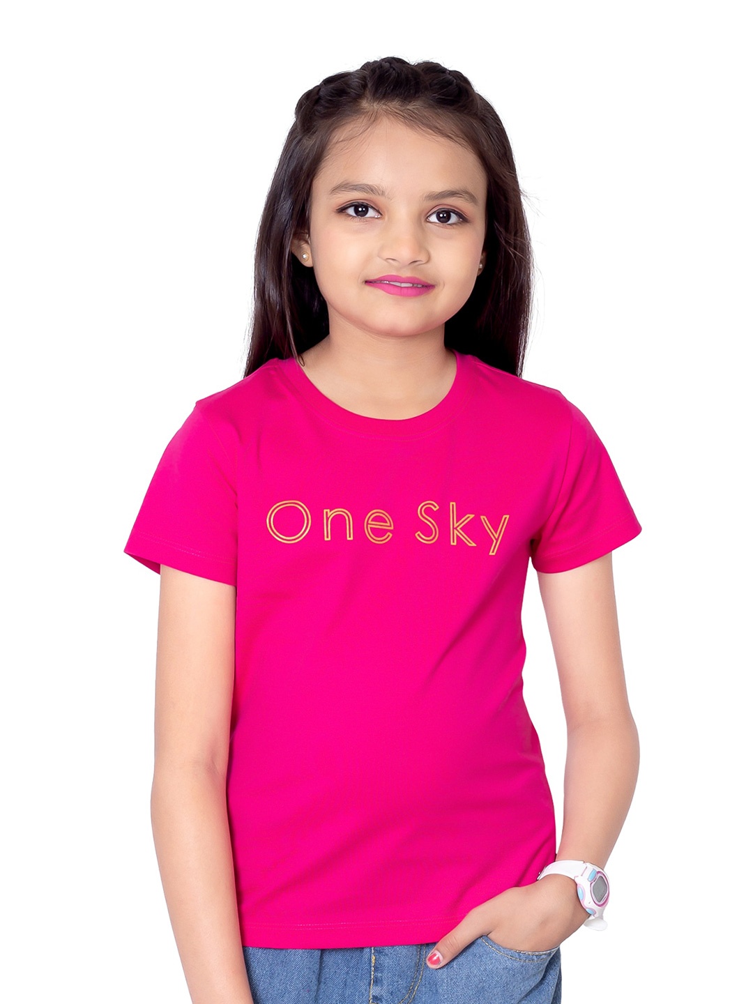 ONE SKY Girls Round Neck Short Sleeves Typography Printed Cotton T-shirt, Fuchsia