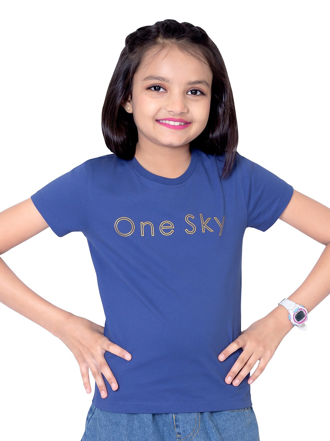 

ONE SKY Girls Round Neck Typography Printed Cotton T-shirt, Blue