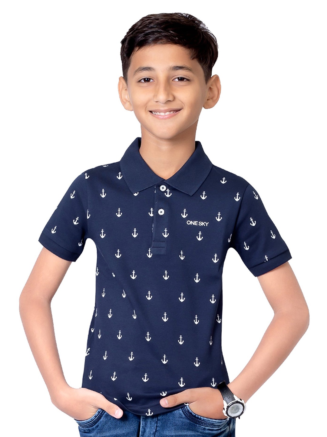 

ONE SKY Boys Conversational Printed Polo Collar Pure Cotton T-shirt, Navy blue