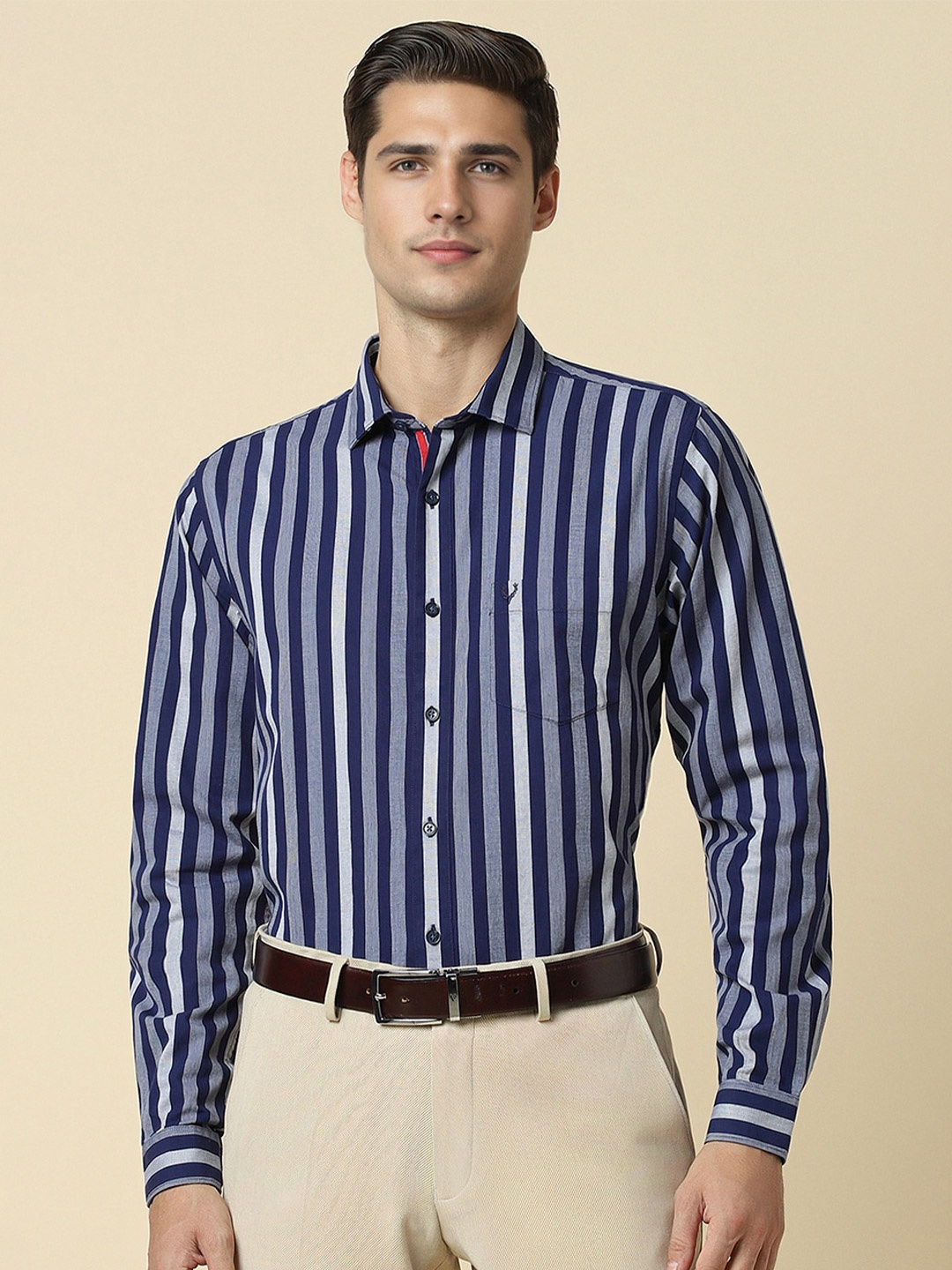 

Allen Solly Striped Slim Fit Cotton Spread Collar Curved Formal Shirt, Navy blue