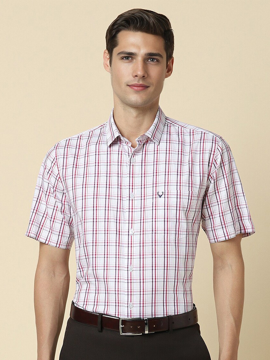 

Allen Solly Checked Slim Fit Spread Collar Cotton Curved Formal Shirt, White