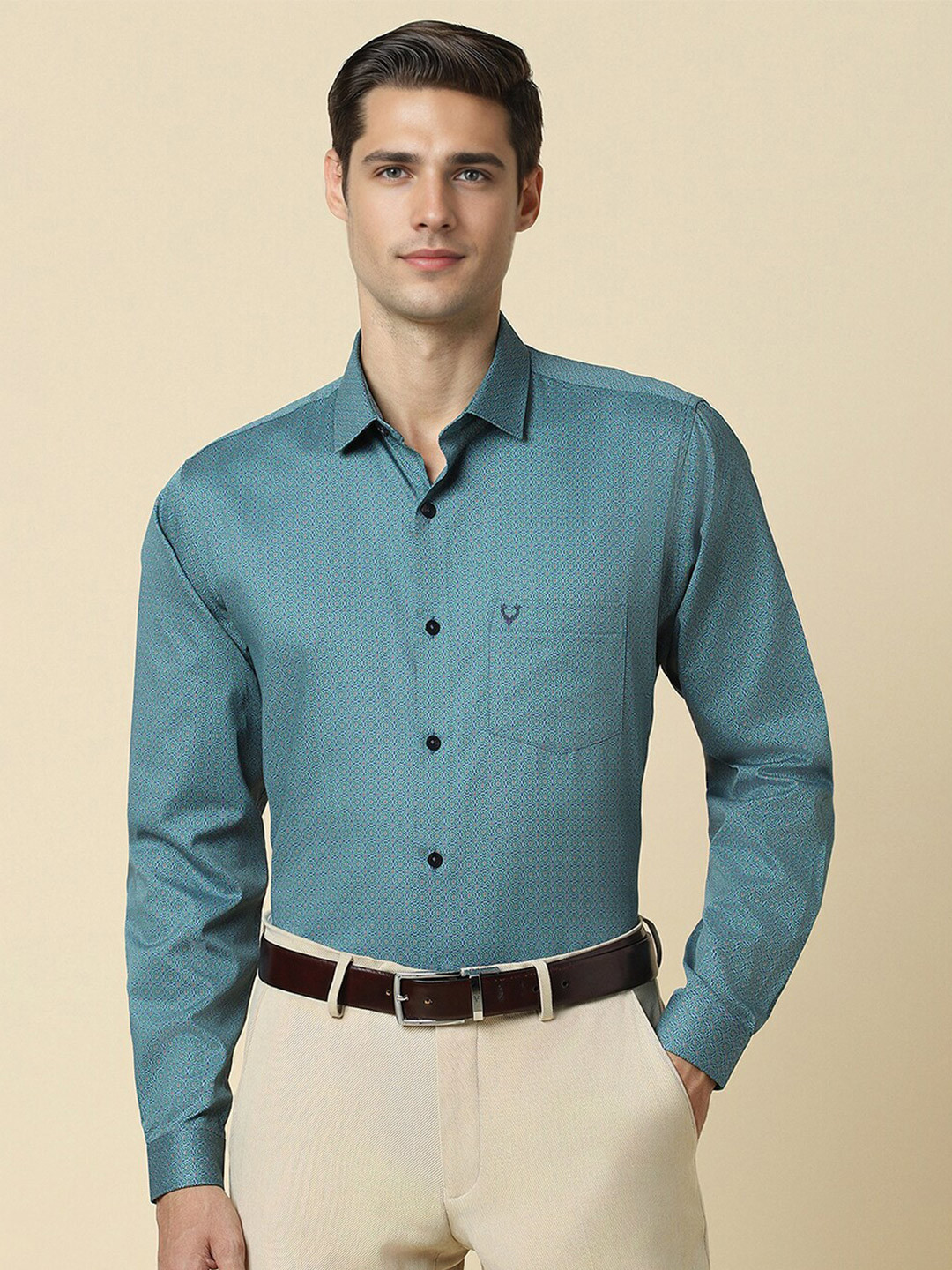 

Allen Solly Textured Self Design Slim Fit Cotton Spread Collar Curved Formal Shirt, Blue