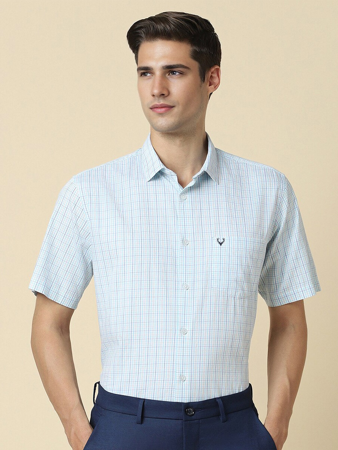 

Allen Solly Checked Slim Fit Spread Collar Cotton Curved Formal Shirt, Blue
