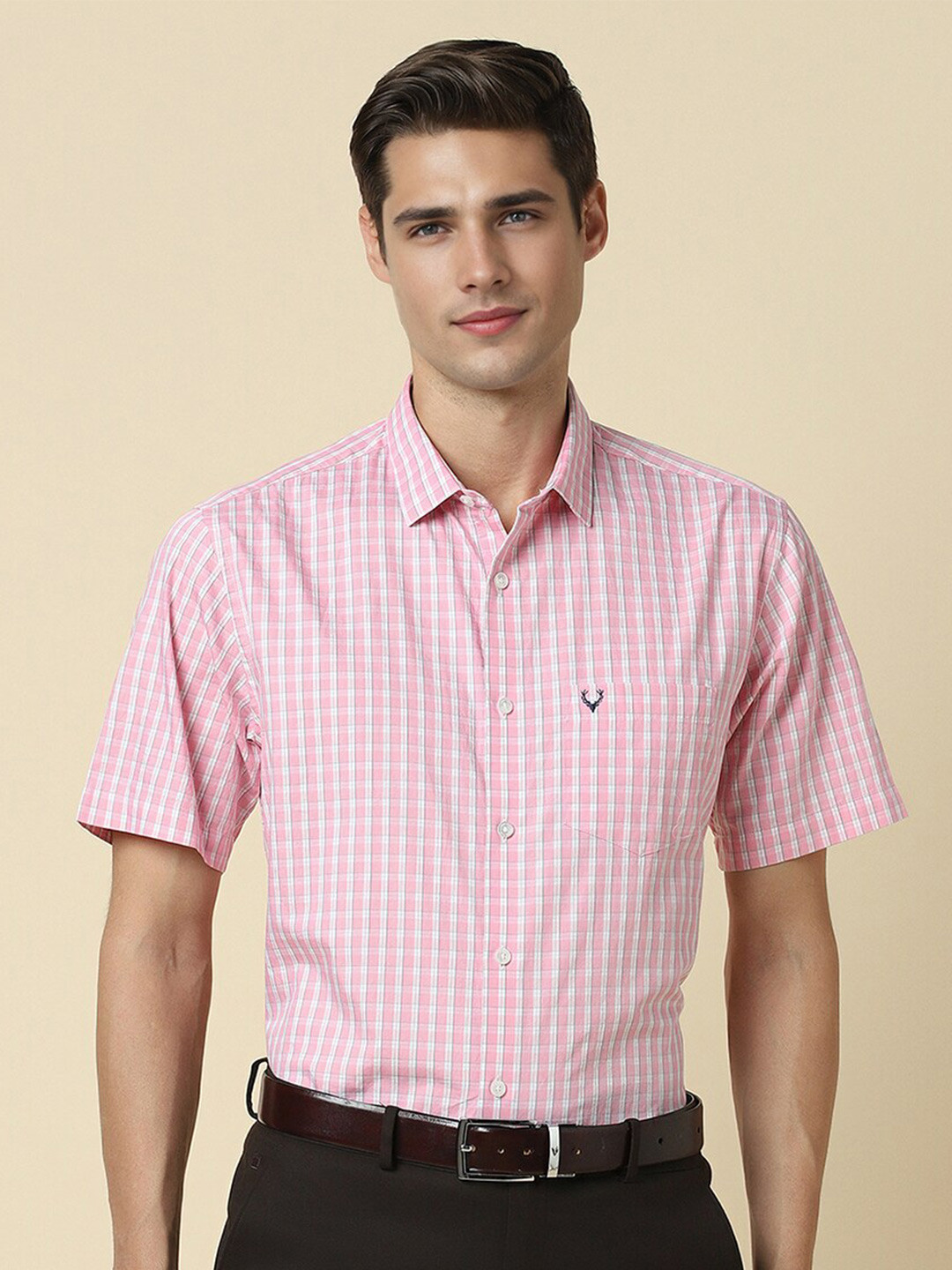 

Allen Solly Checked Slim Fit Spread Collar Cotton Curved Formal Shirt, Pink