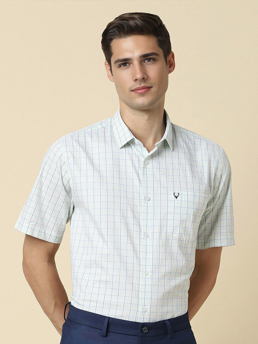 

Allen Solly Slim Fit Grid Tattersall Checked Pure Cotton Formal Shirt, Green