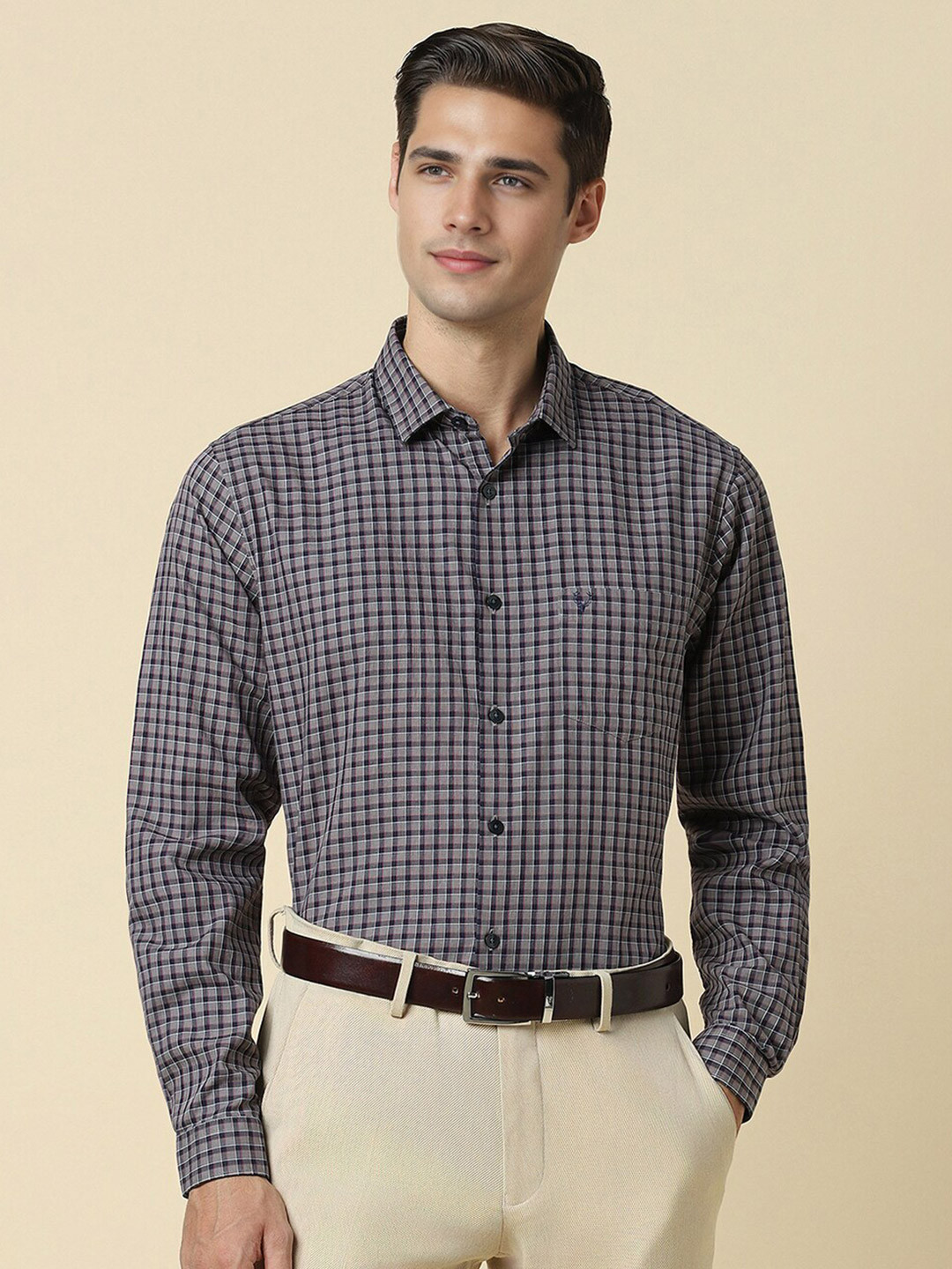 

Allen Solly Checked Slim Fit Spread Collar Cotton Curved Formal Shirt, Grey