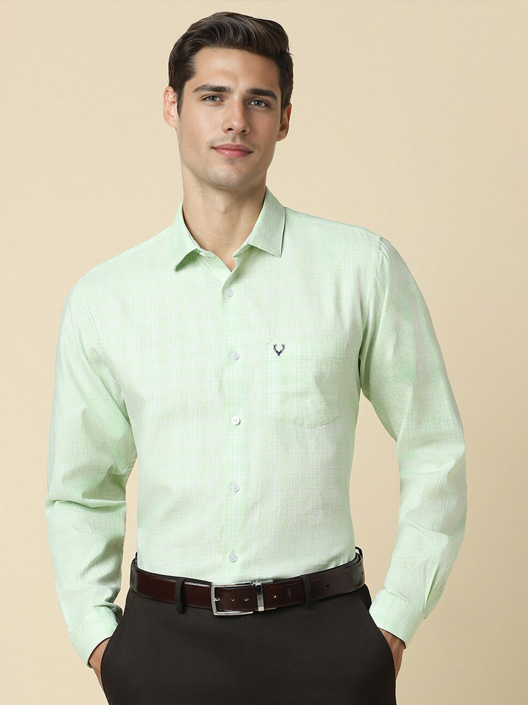 

Allen Solly Checked Slim Fit Spread Collar Cotton Curved Formal Shirt, Green