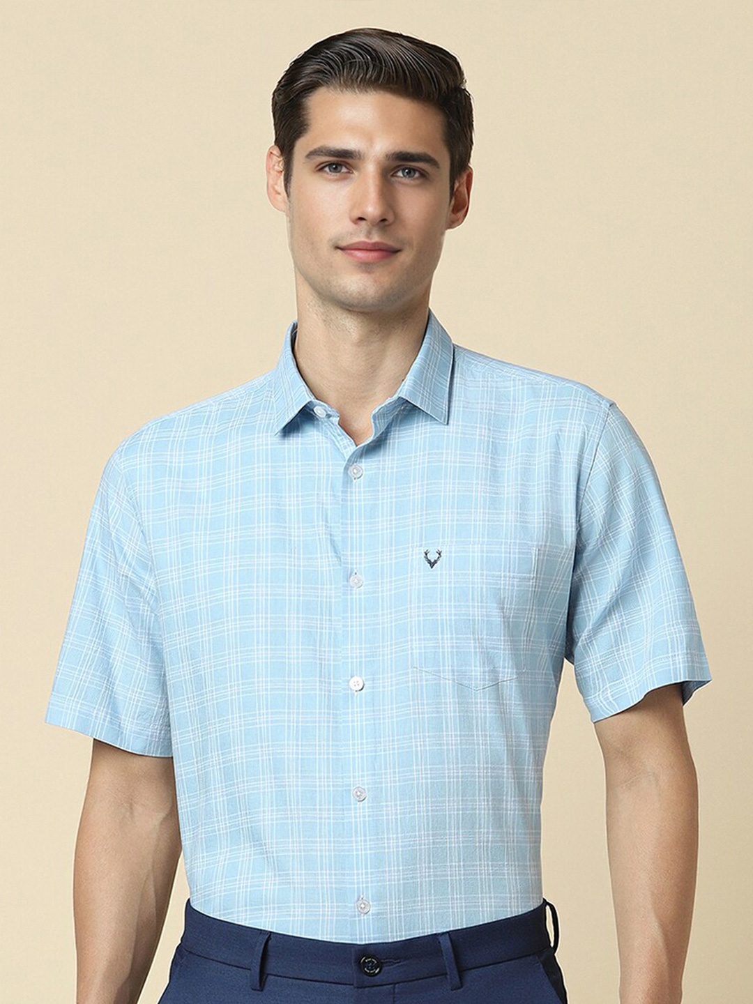 

Allen Solly Checked Slim Fit Spread Collar Cotton Curved Formal Shirt, Blue