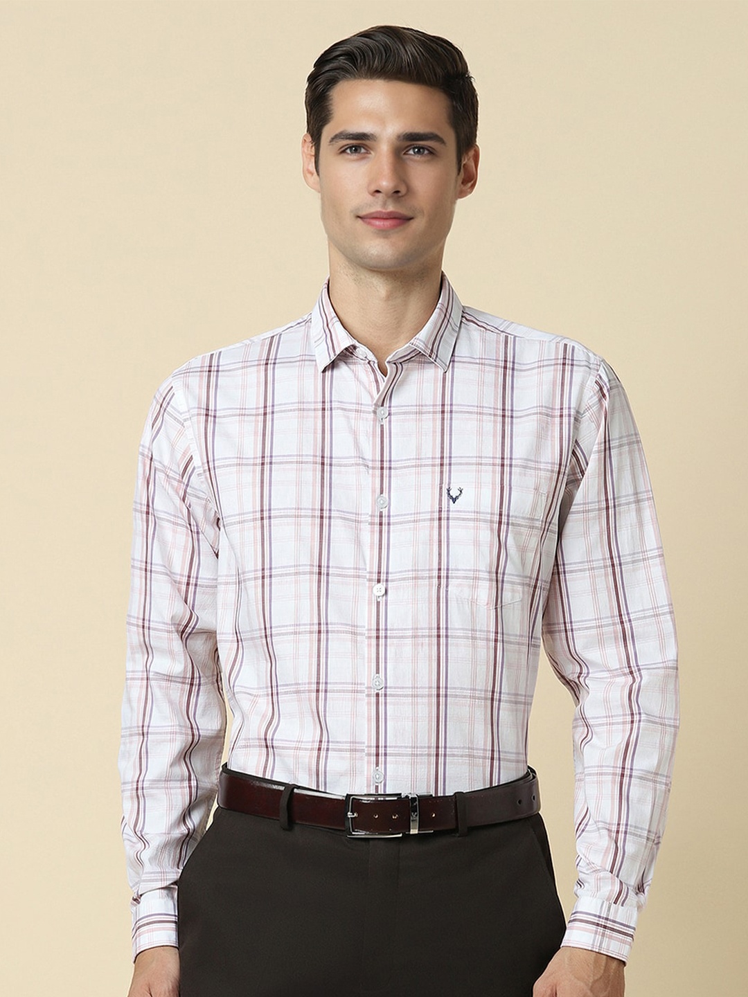 

Allen Solly Checked Slim Fit Spread Collar Cotton Curved Formal Shirt, White
