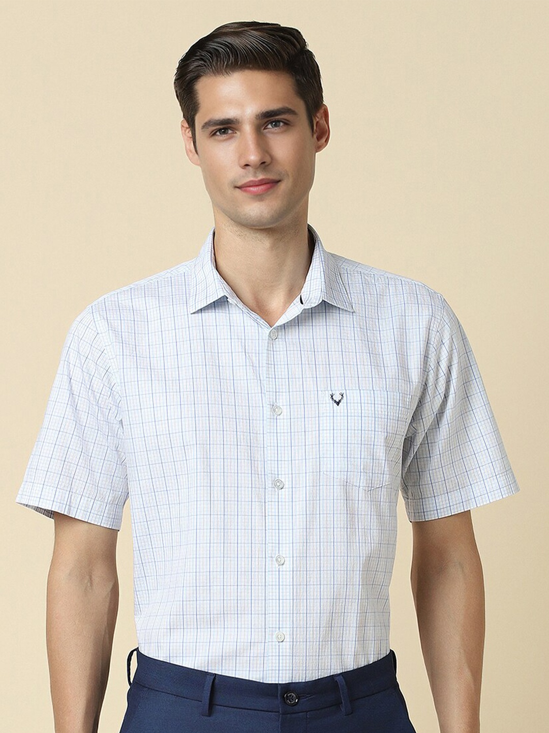 

Allen Solly Checked Slim Fit Spread Collar Cotton Curved Formal Shirt, Blue