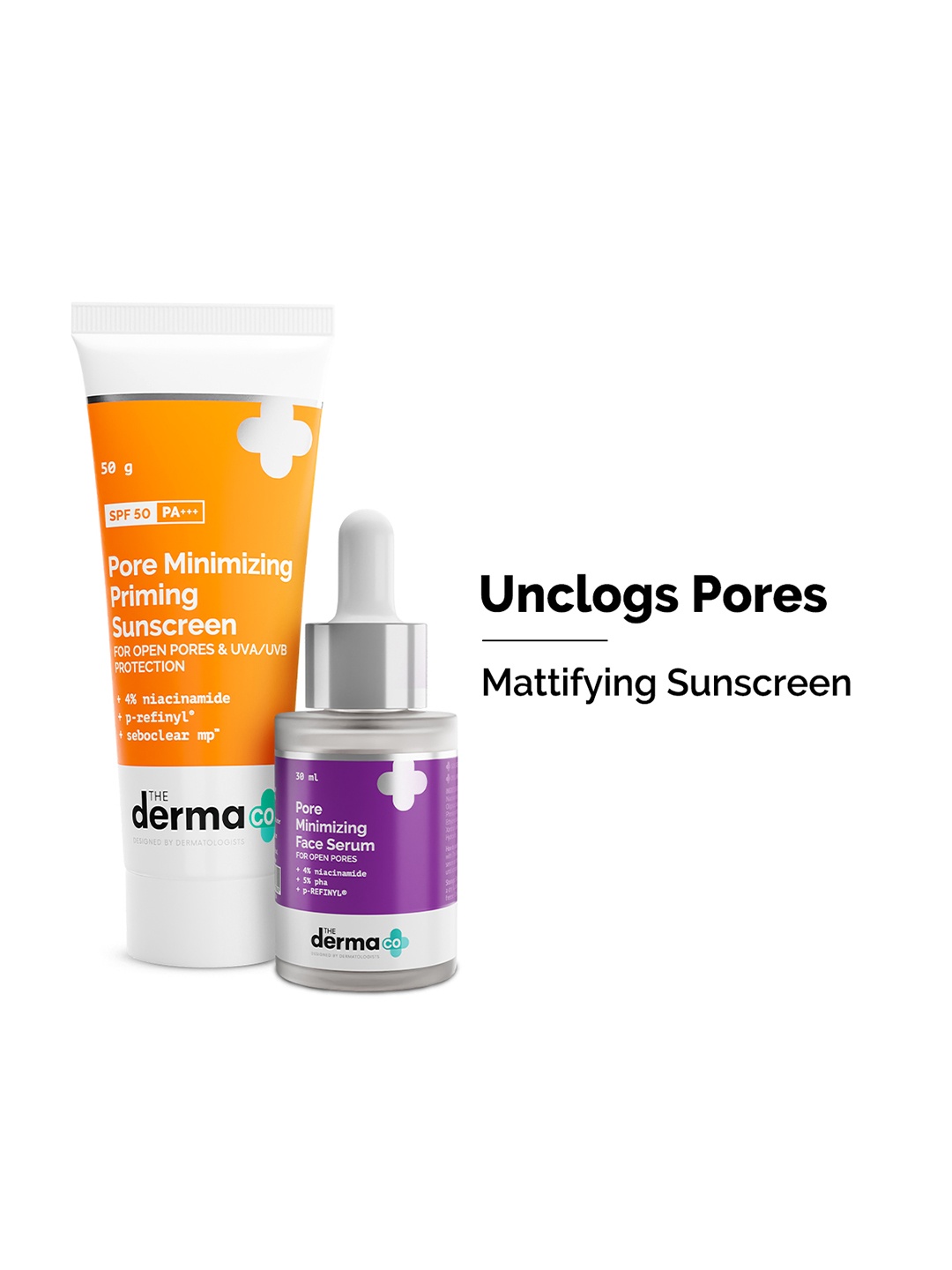 

The Derma co. Pore Minimizing Face Serum 30ml & SPF 50 PA+++ Priming Sunscreen 50g, Purple