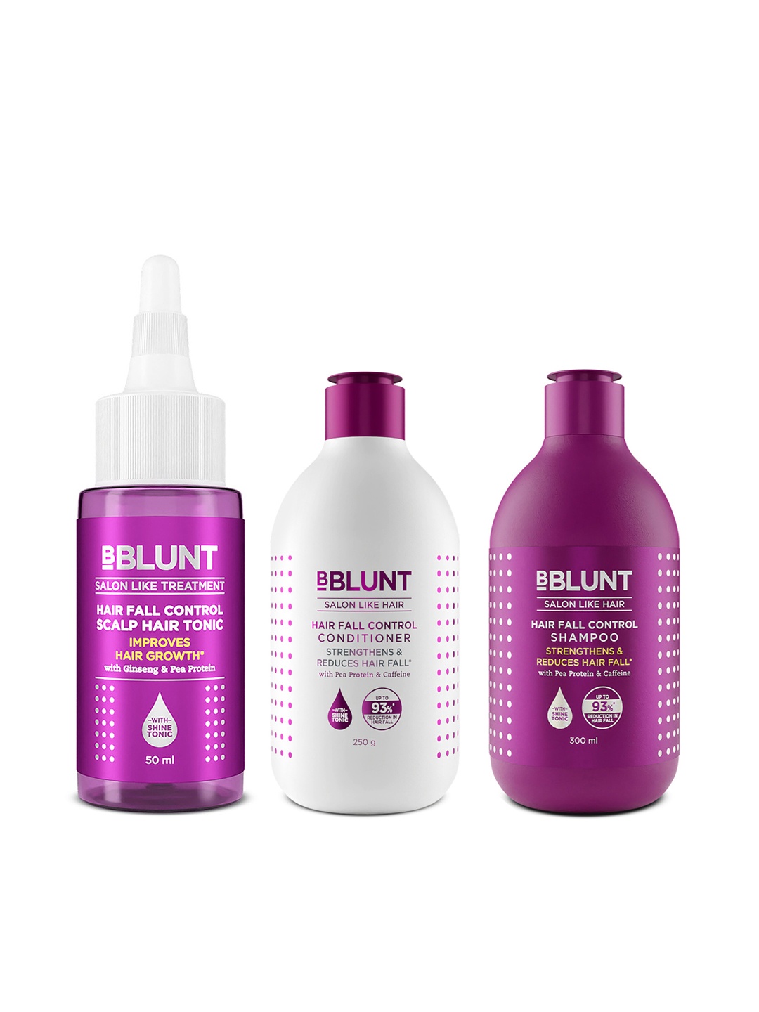 

BBLUNT Set of Hair Fall Control Combo - Shampoo 300ml + Conditioner 250g + Hair Oil 50ml, Purple