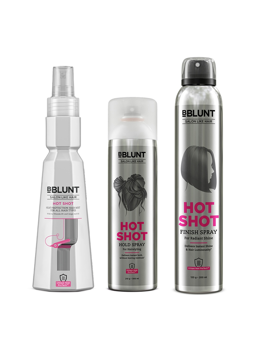 

BBLUNT Hot Shot Set of Finish Hair Spray 200ml + Hold Hair Spray 300ml + Heat Mist 150ml, Silver