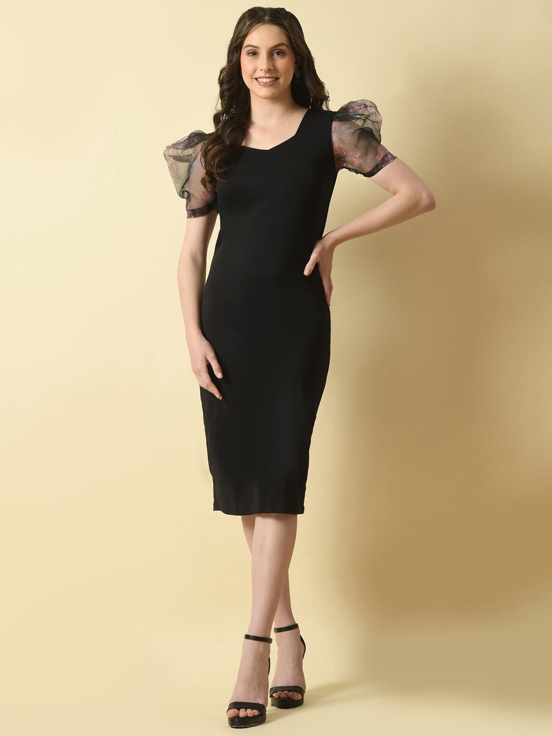 

BAESD Puff Sleeves Sweetheart Neck Sheath Dress, Black