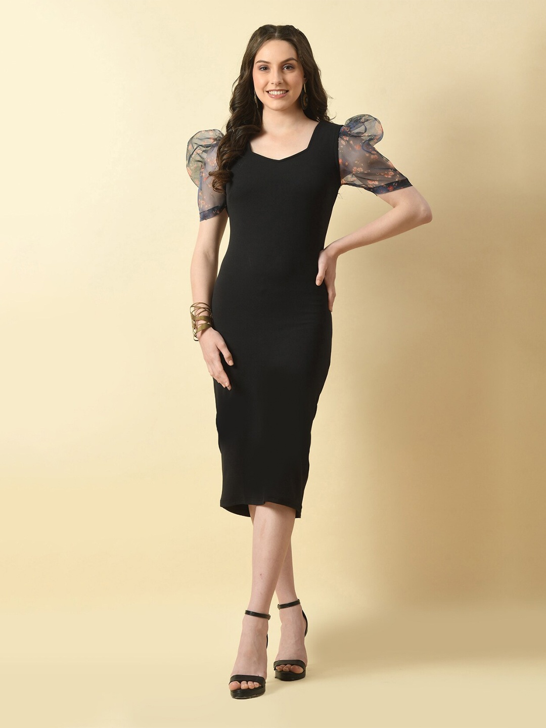 

BAESD Puff Sleeve Bodycon Midi Dress, Black