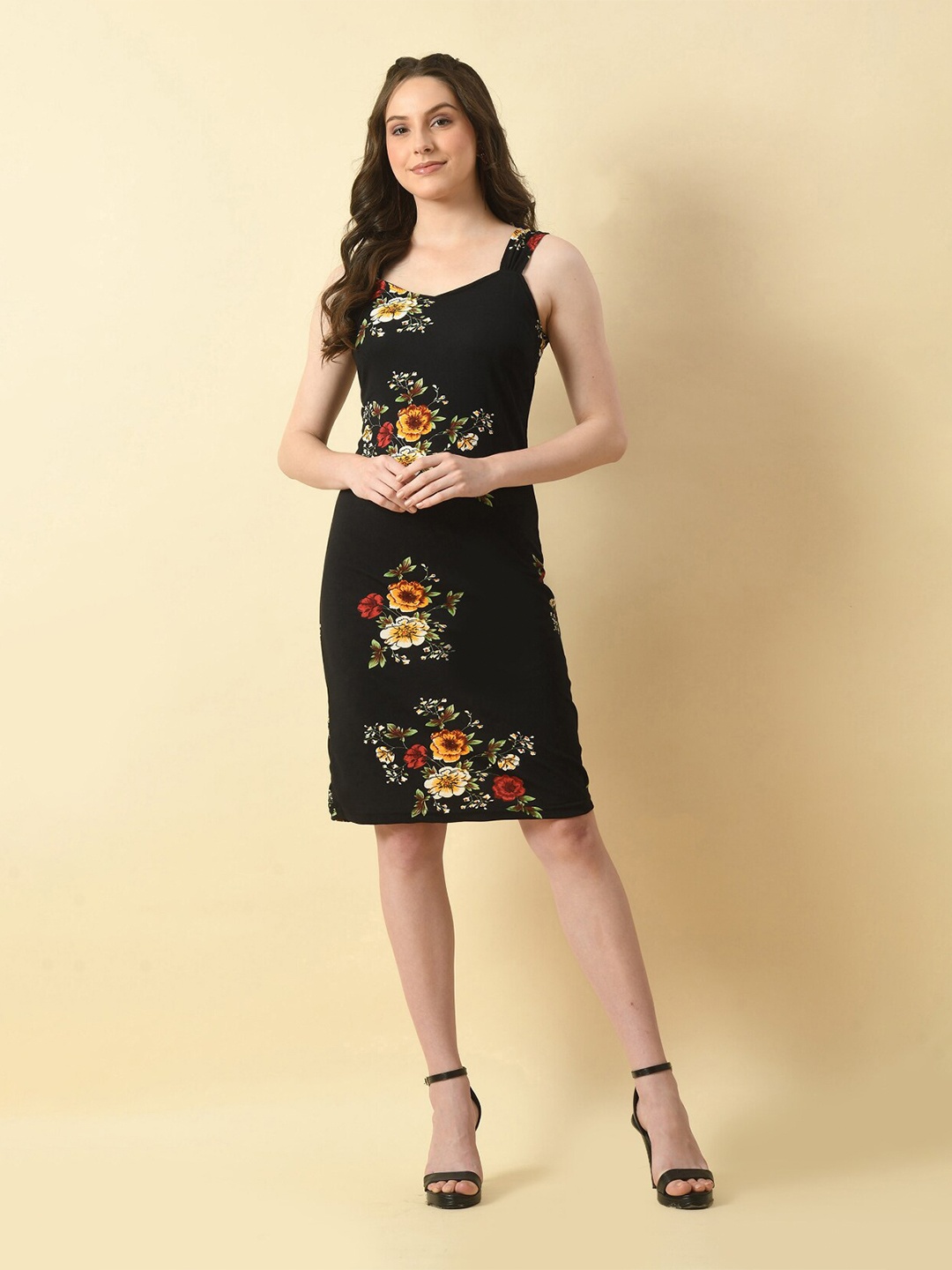 

BAESD Floral Printed Shoulder Strap Bodycon Dress, Black