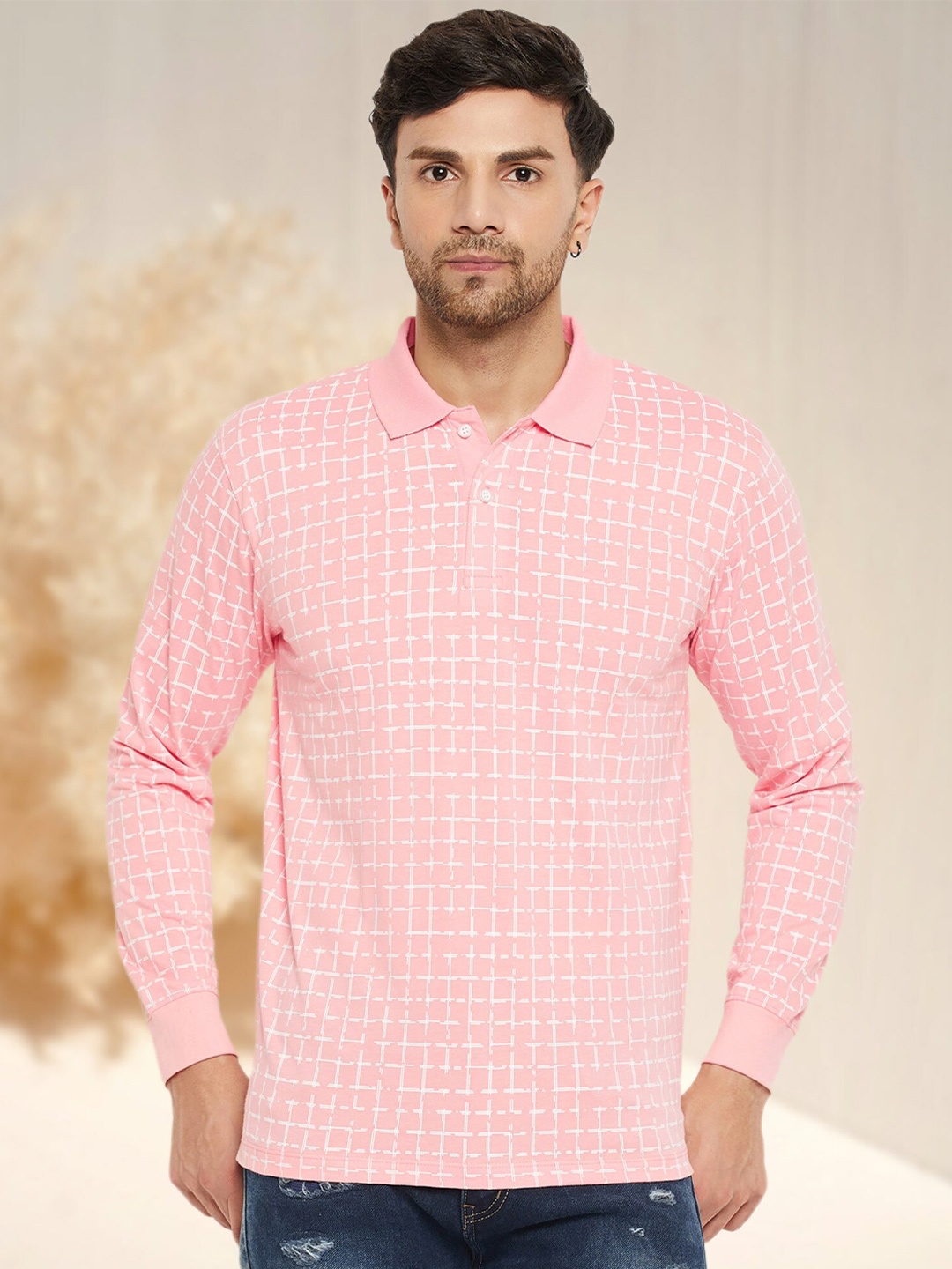 

WILD WEST Checked Polo Collar Long Sleeves Regular Fit T-shirt, Pink