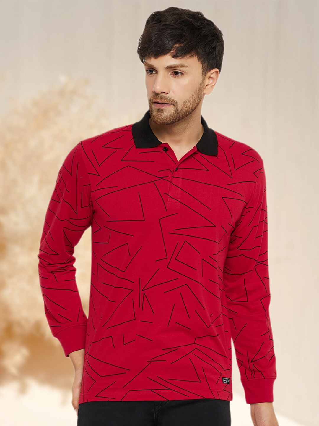 

WILD WEST Printed Polo Collar Long Sleeves Regular Fit T-shirt, Red