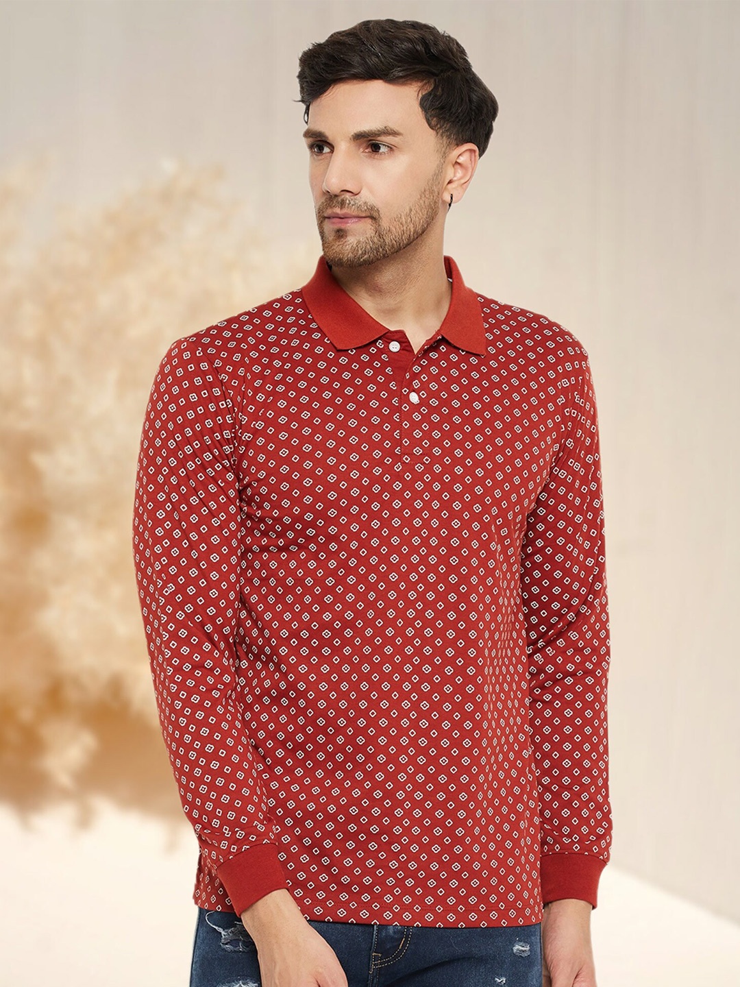 

WILD WEST Printed Polo Collar Long Sleeves Regular Fit T-shirt, Rust