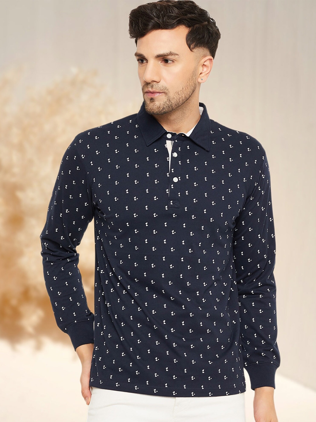

WILD WEST Printed Polo Collar Long Sleeves Regular Fit T-shirt, Navy blue