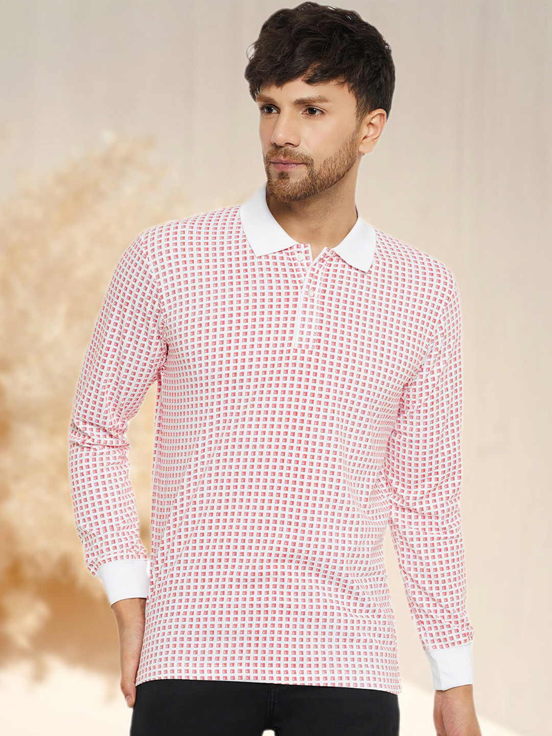 

WILD WEST Checked Polo Collar Long Sleeves Regular Fit T-shirt, White