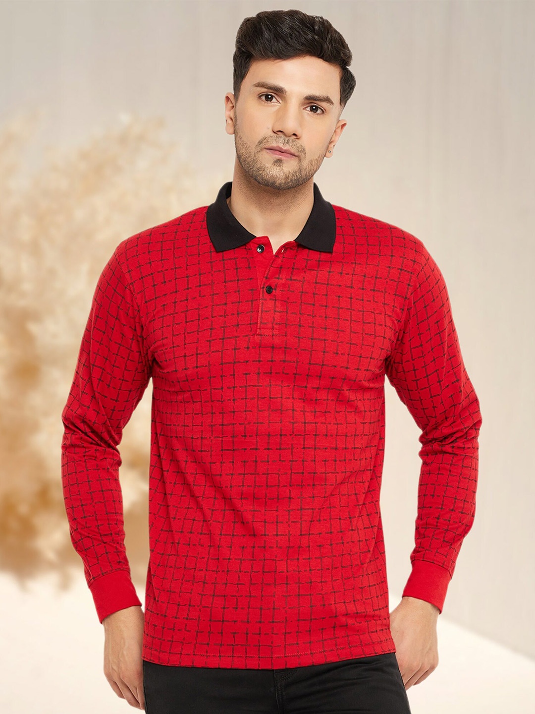 

WILD WEST Checked Printed Polo Collar Long Sleeves Regular Fit T-shirt, Red