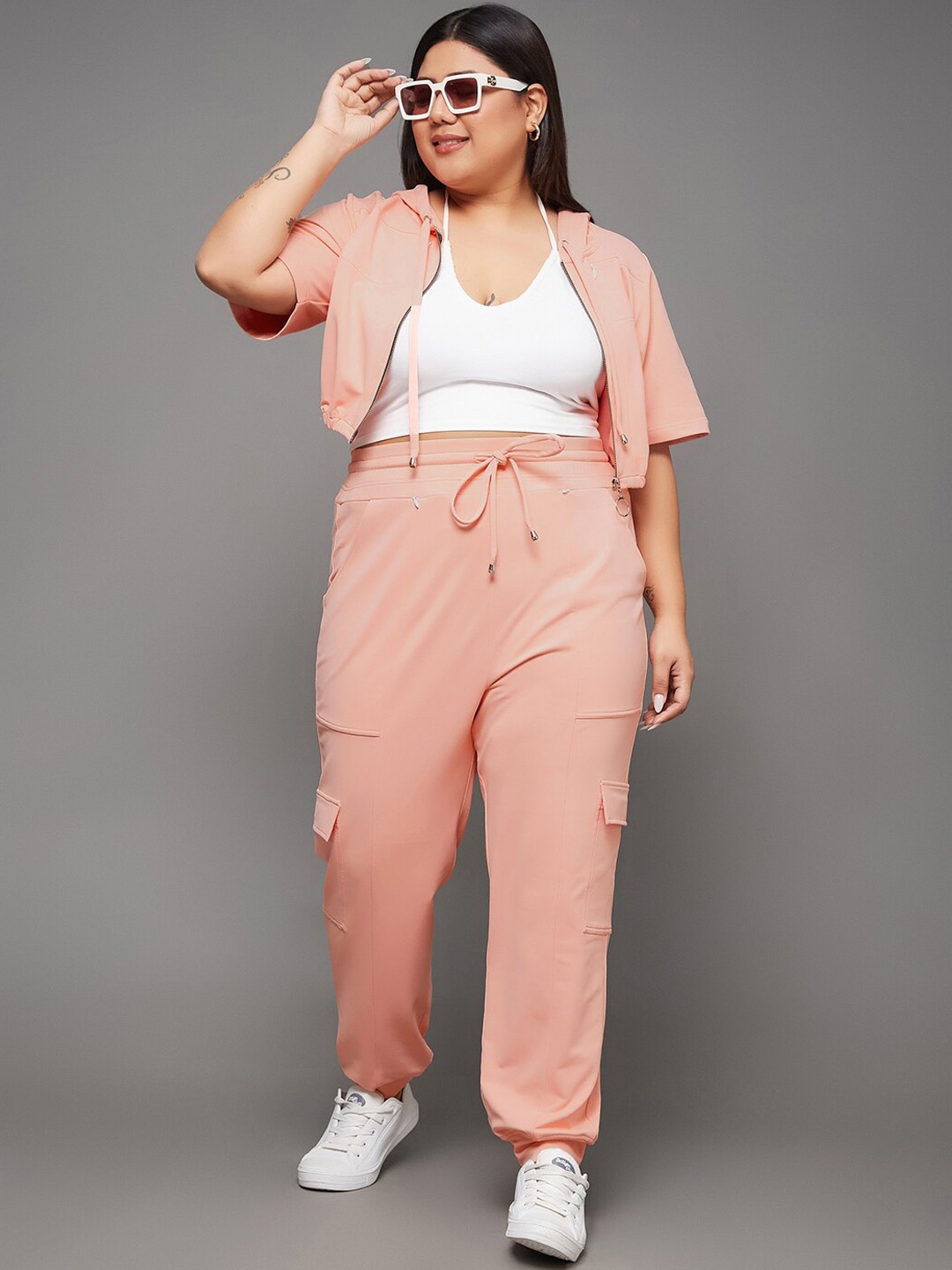 

Miss Chase A+ Women Plus Size Hooded-Collar Sweatshirt With Joggers Co-Ords, Peach
