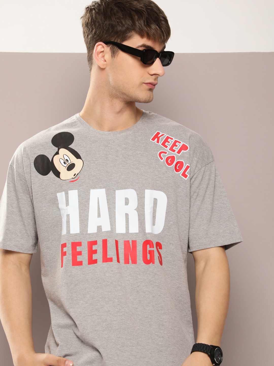 

Kook N Keech Disney Men Mickey Mouse Printed Oversized Drop-Shoulder Sleeves T-shirt, Grey