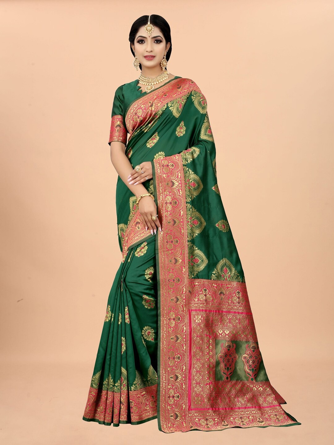 

Sareeslatest Designer Woven Design Zari Silk Blend Banarasi Saree, Green