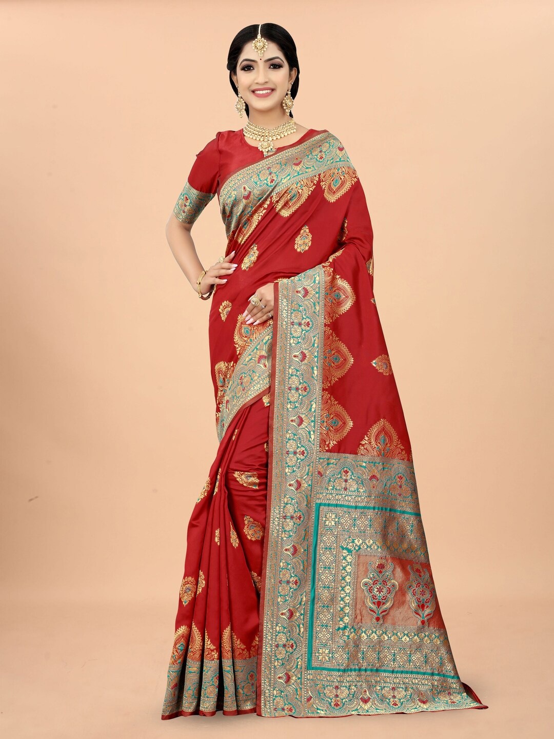 

Sareeslatest Designer Ethnic Motifs Zari Silk Blend Banarasi Saree, Red