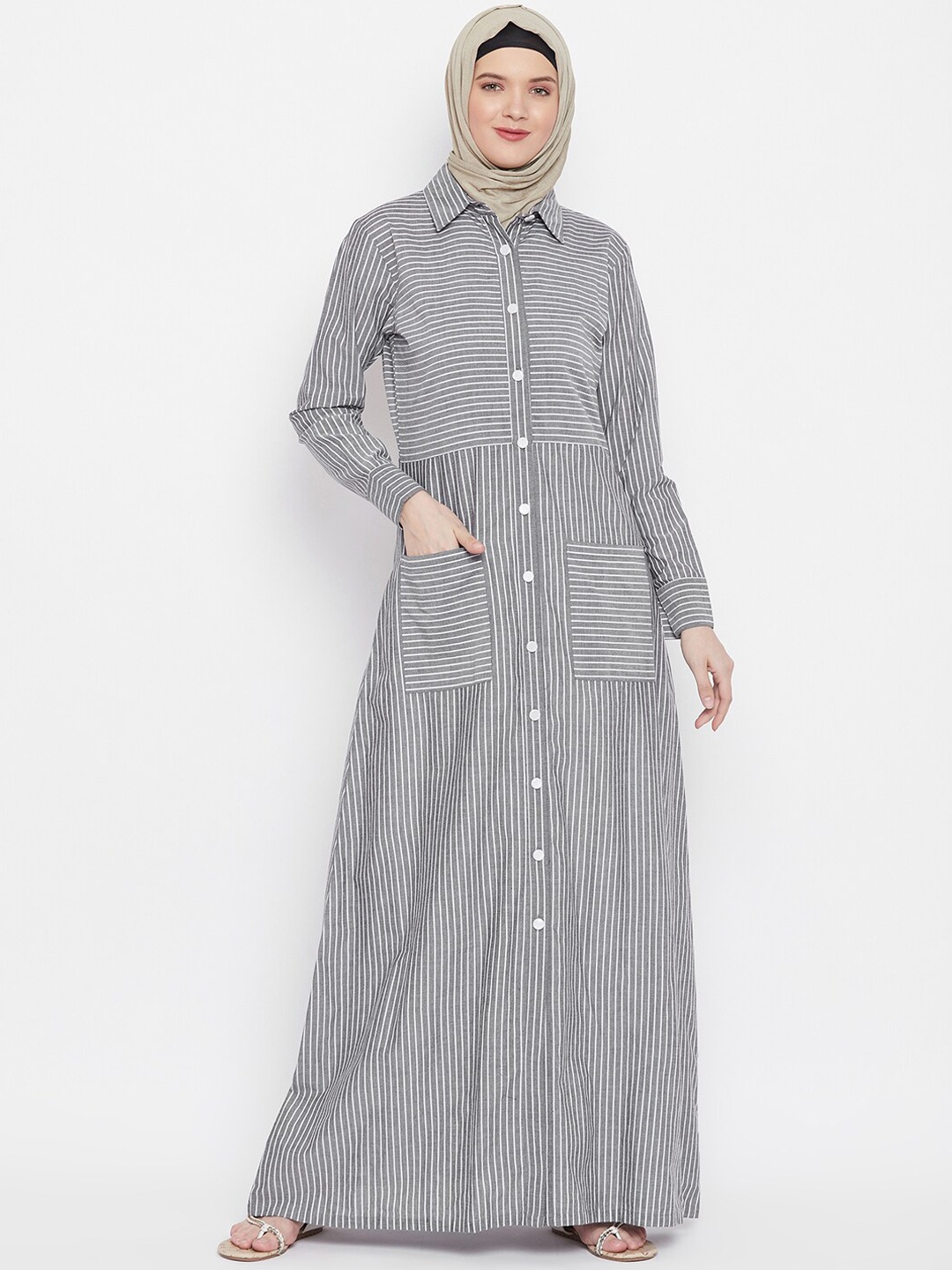 

MOMIN LIBAS Striped Cotton Abaya Burquas, Grey