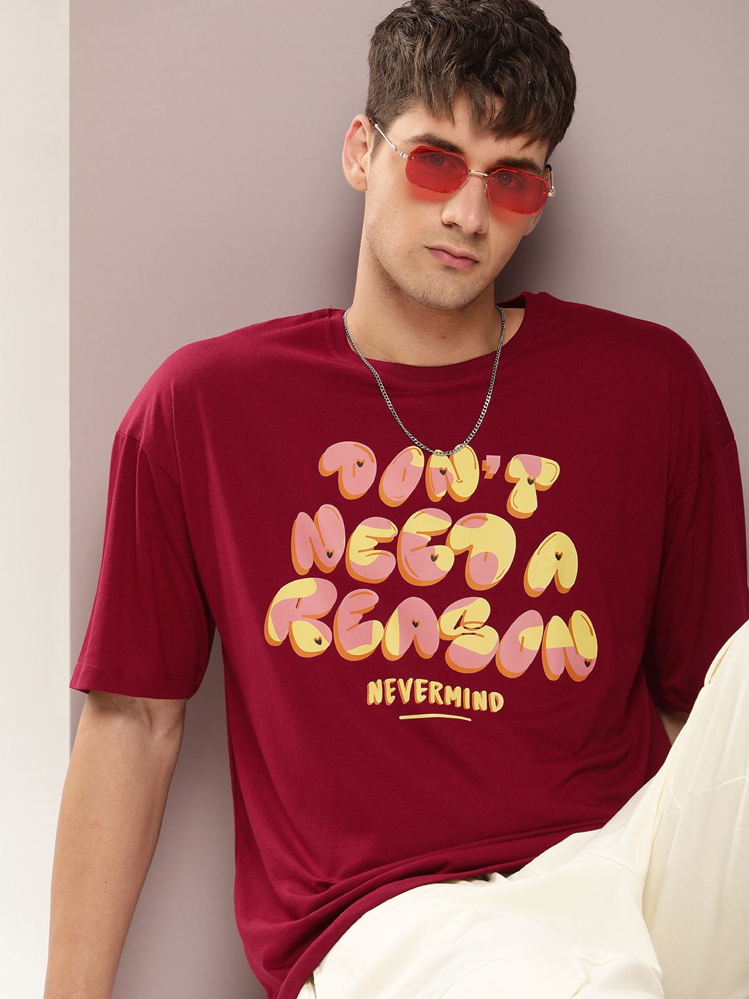 

Kook N Keech Men Typography Printed Oversized Drop-Shoulder Sleeves Pure Cotton T-shirt, Maroon