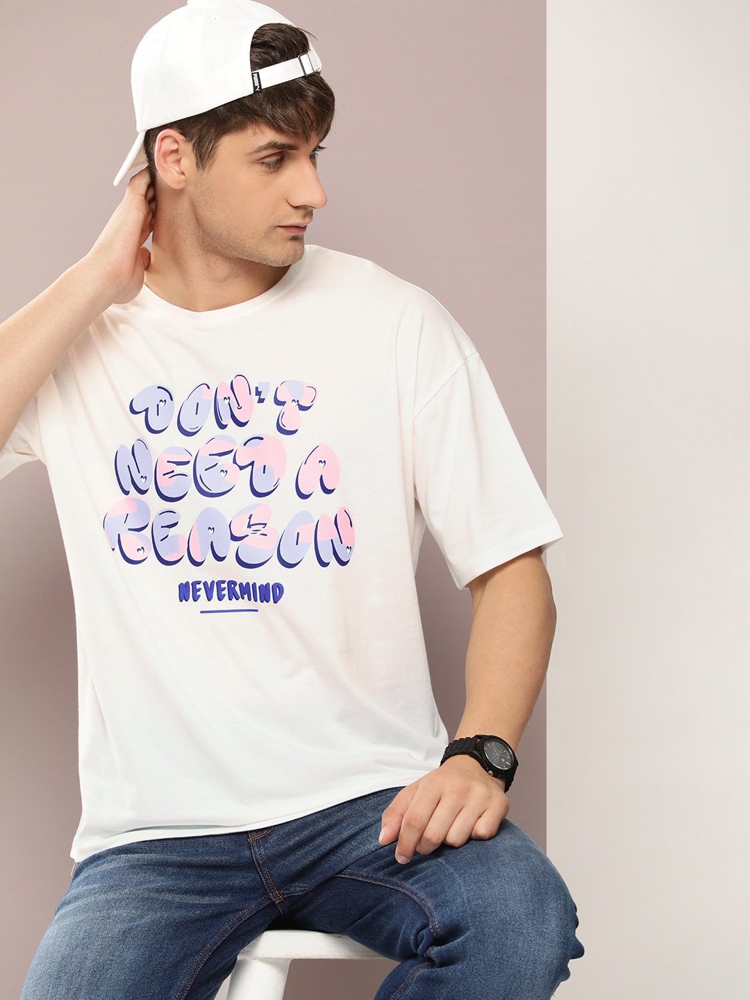 Kook N Keech Men Typography Printed Oversized Drop-Shoulder Sleeves Pure Cotton T-shirt, White