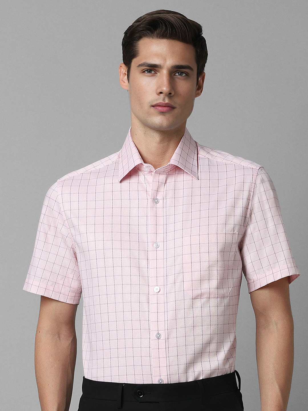 

Louis Philippe Classic Fit Grid Tattersall Checked Spread Collar Cotton Formal Shirt, Pink