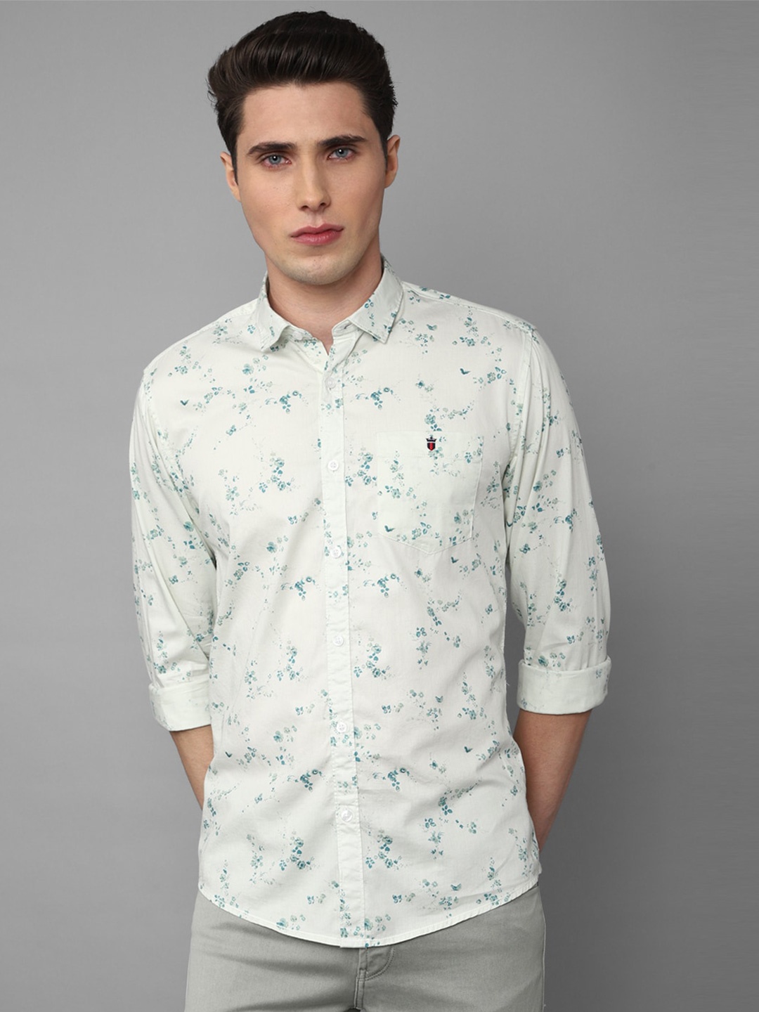 

Louis Philippe Slim Fit Floral Printed Spread Collar Cotton Shirt, Green