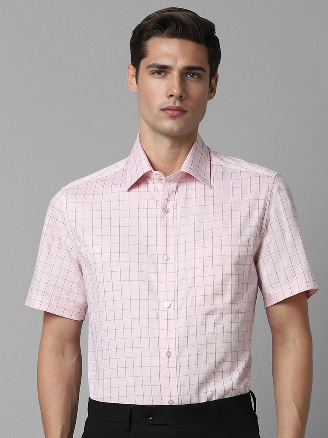 

Louis Philippe Classic Fit Grid Tattersall Checked Spread Collar Cotton Formal Shirt, Pink
