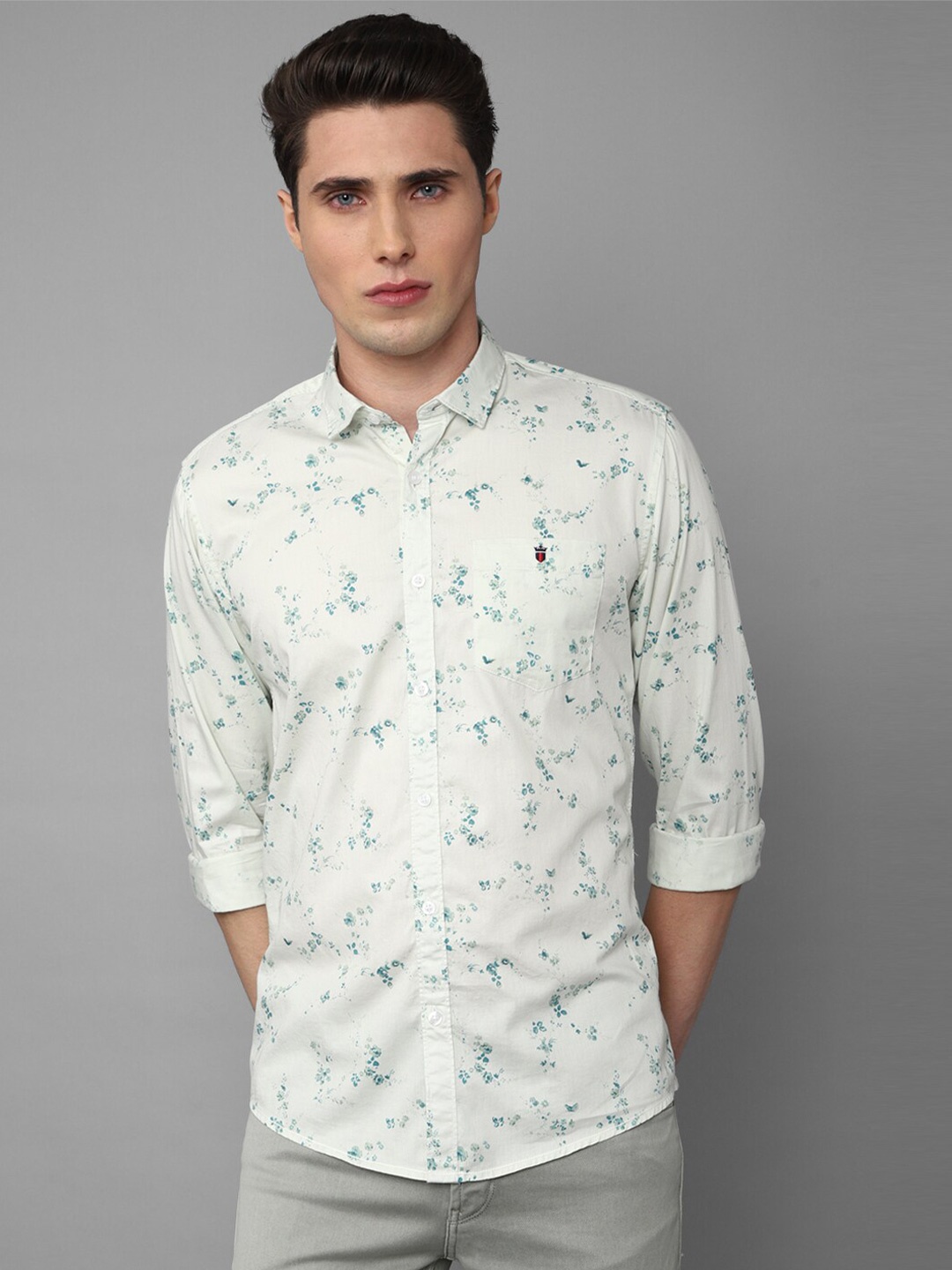 

Louis Philippe Slim Fit Floral Printed Spread Collar Cotton Shirt, Green