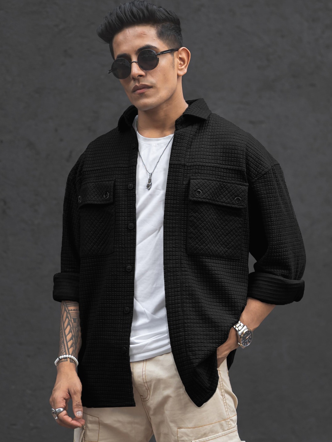 

Powerlook Black India Slim Cotton Opaque Oversized Casual Shirt