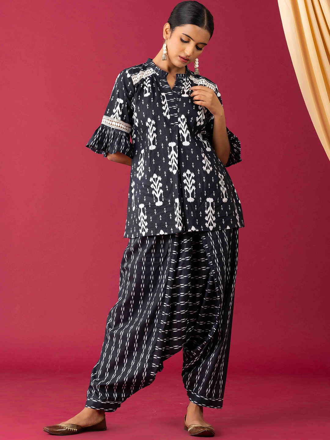 

Laado - Pamper Yourself Ethnic Motifs Printed Pure Cotton Kurti With Dhoti Pant, Black
