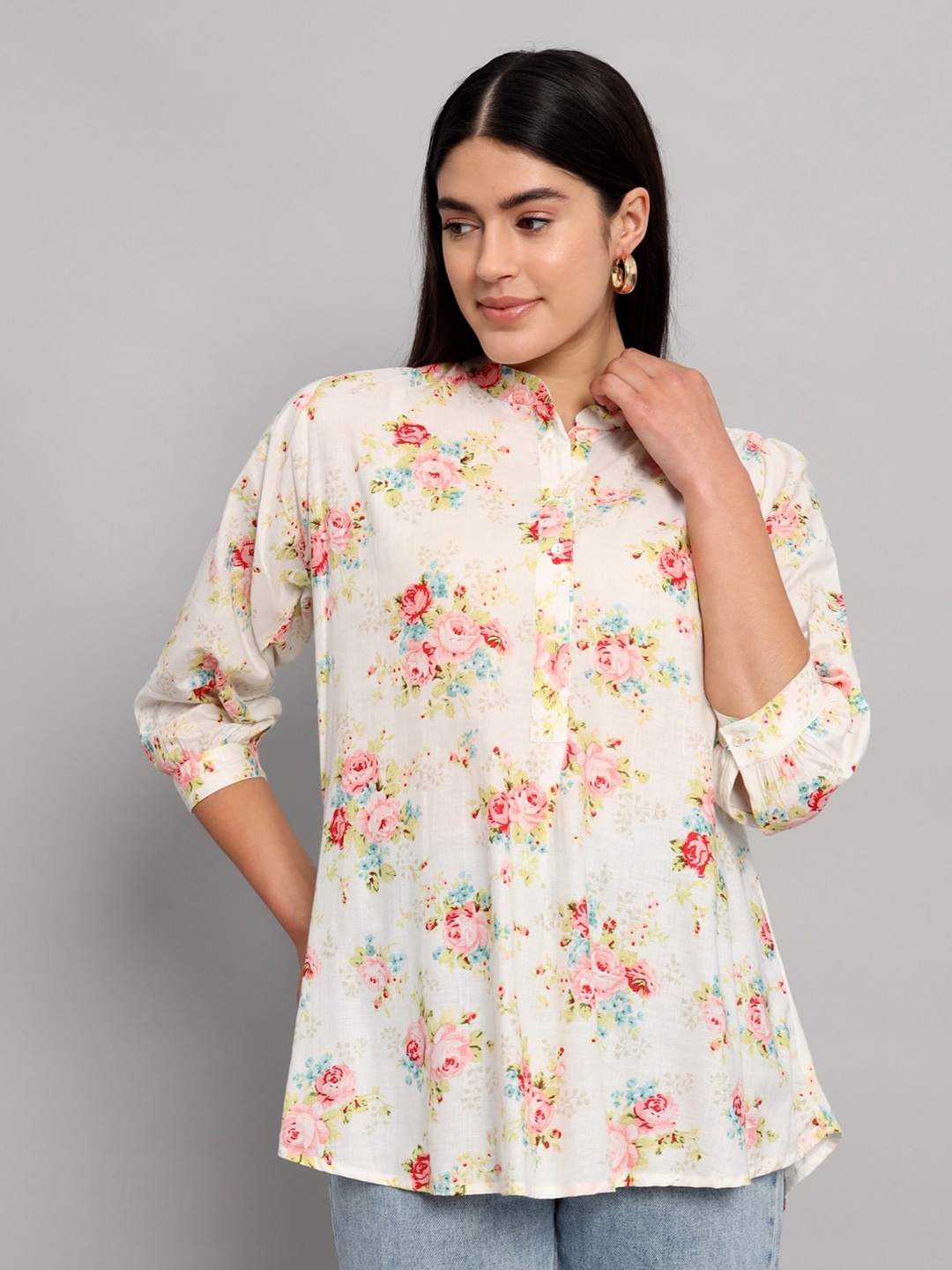 

HANDICRAFT PALACE Floral Printed Mandarin Collar Cotton Shirt Style Top, Off white